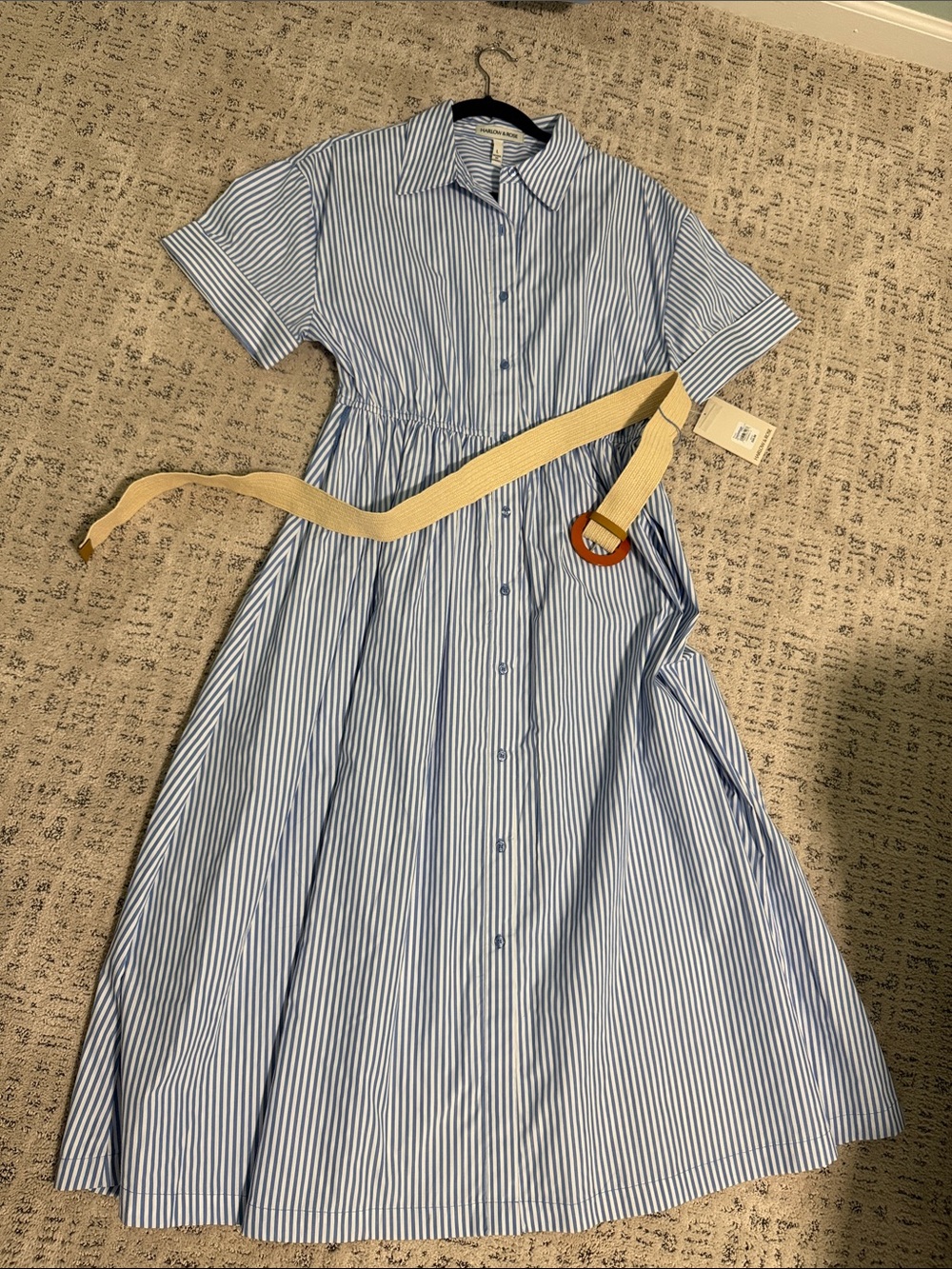Blue Stripe Midi Shirt Dress with Removable Beige Belt